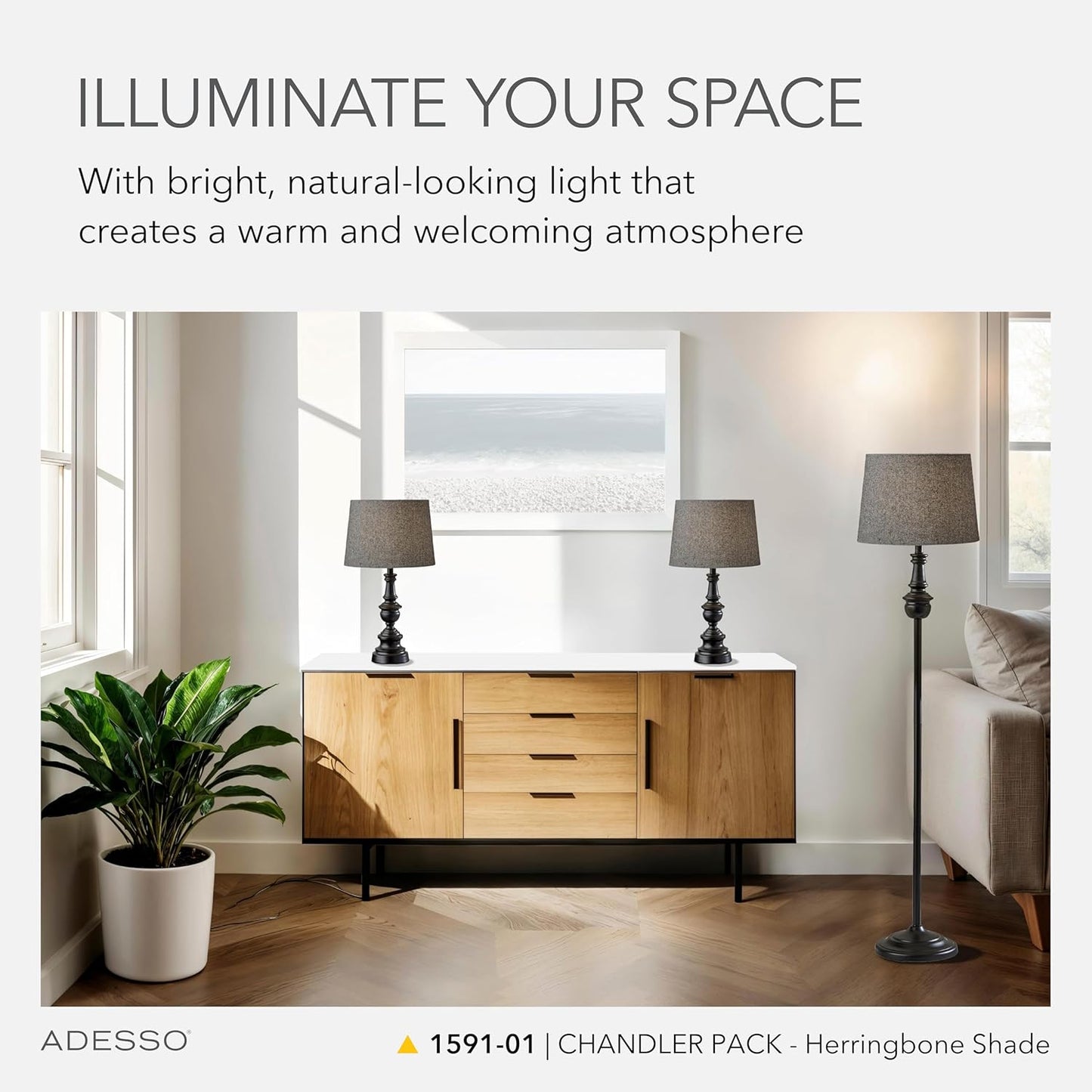 Adesso 3-Piece Lamp Set, Bronze & Dark Herringbone, Table and Floor
