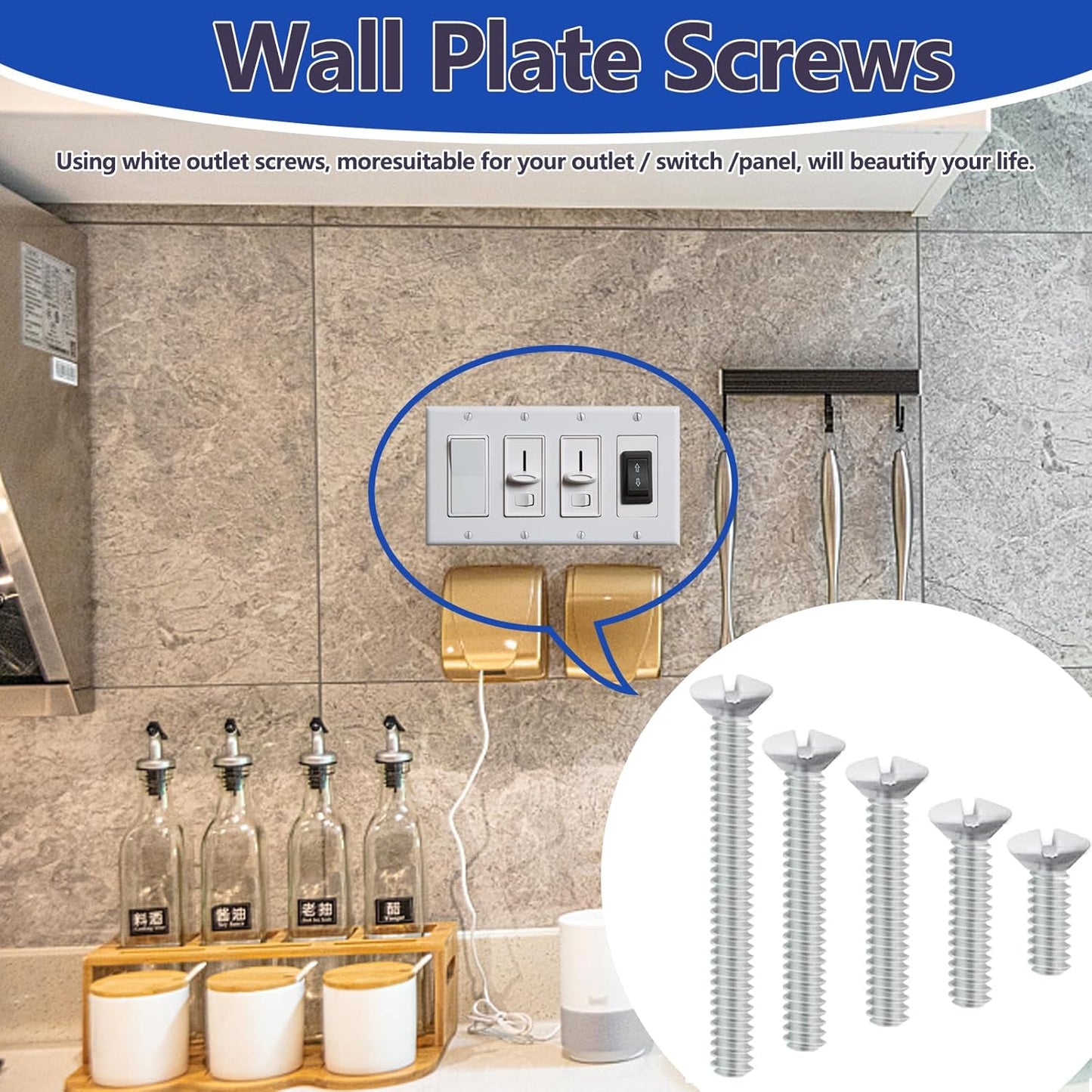 120 pcs Wall Plate Screws, White Outlet Screws 6-32 Thread Light Electrical Cover Panel Switch Plate Screws 5 Length Sizes (3/8", 9/16", 3/4", 1", 1.2")