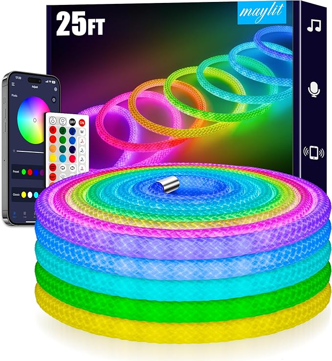 maylit 360 Degree Luminous Reticulate Weave Rope Lights, 25ft Addressable ICRGB by maylit