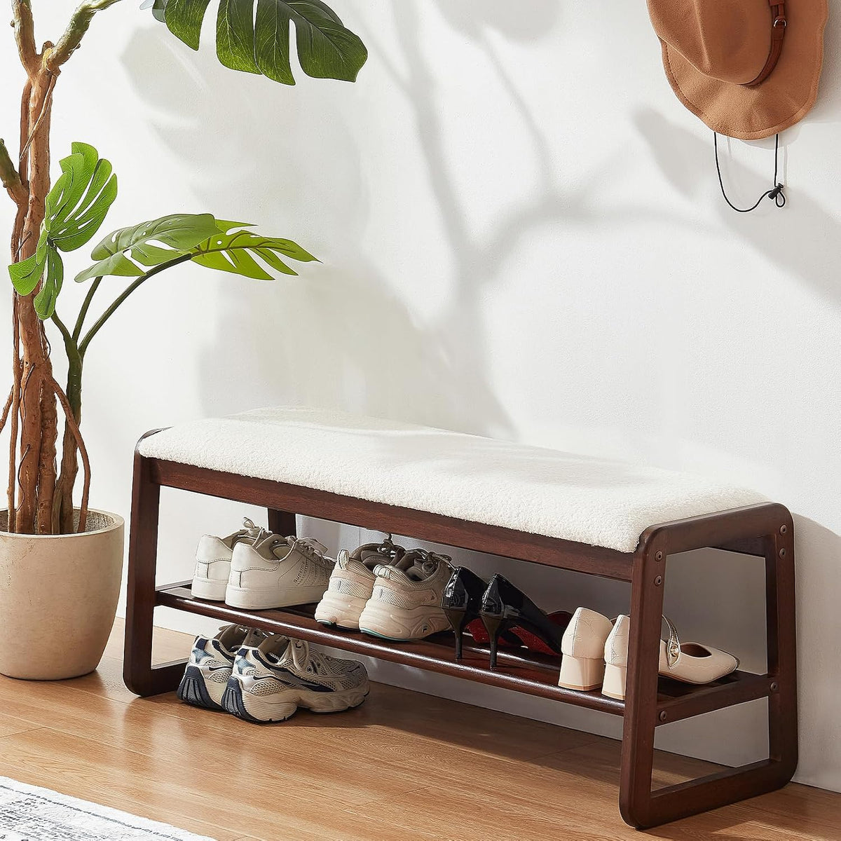 shoe rack bench, 2 tier solid wooden entryway, main product view