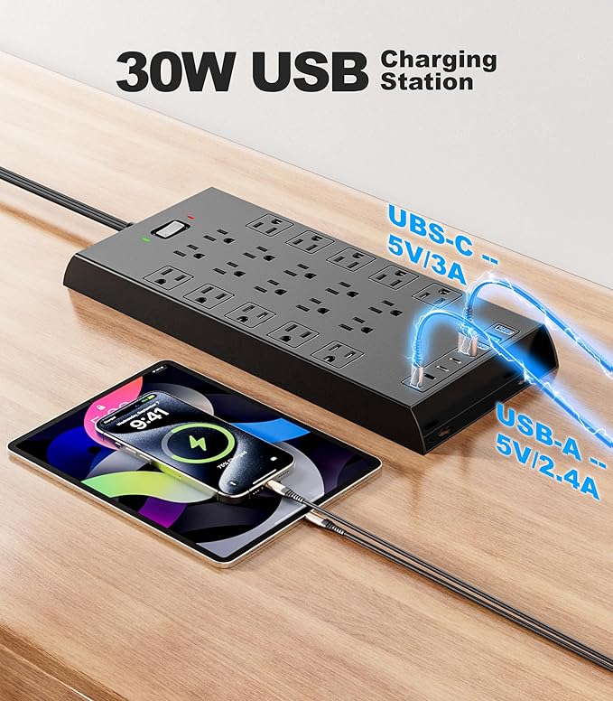 Surge Protector Power Strip 4800J, LeZone 10Ft Long Extension Cord Flat Plug - Image 6