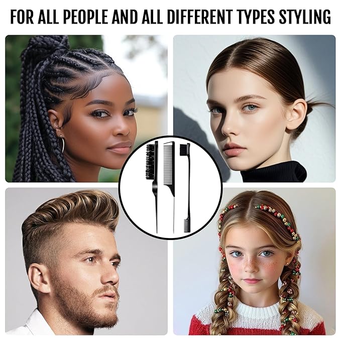 3 Pieces Hair Styling Comb Set Teasing Brush Rat Tail Comb Edge Brush - Image 8