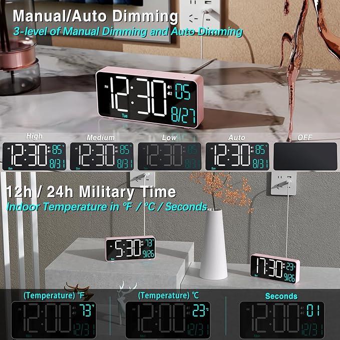 KOSUMOSU Alarm Clocks for Bedrooms, 6.7in Small Digital Clock, Auto Dimming - Image 3
