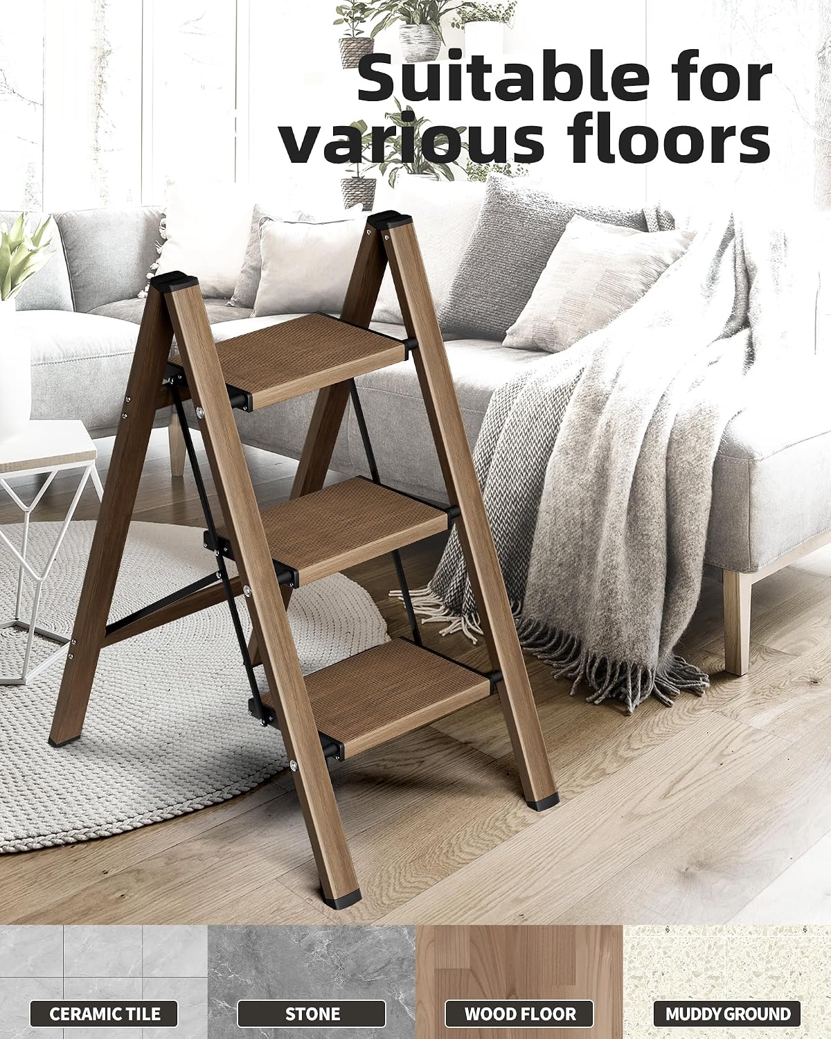 HillhutApex 3 Step Stool Foldable Ladder,Aluminum Step Ladder | Folding Lightweight Stable Stool with Wide Non-Slip Pedals, 330lbs Bearing Capacity Ladder for Office,Home,Kitchen-Walnut