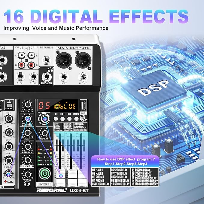 4 Channel Audio Interfacer DJ Mixer Sound Board 16-Bit DSP Effect USB Audio - Image 6