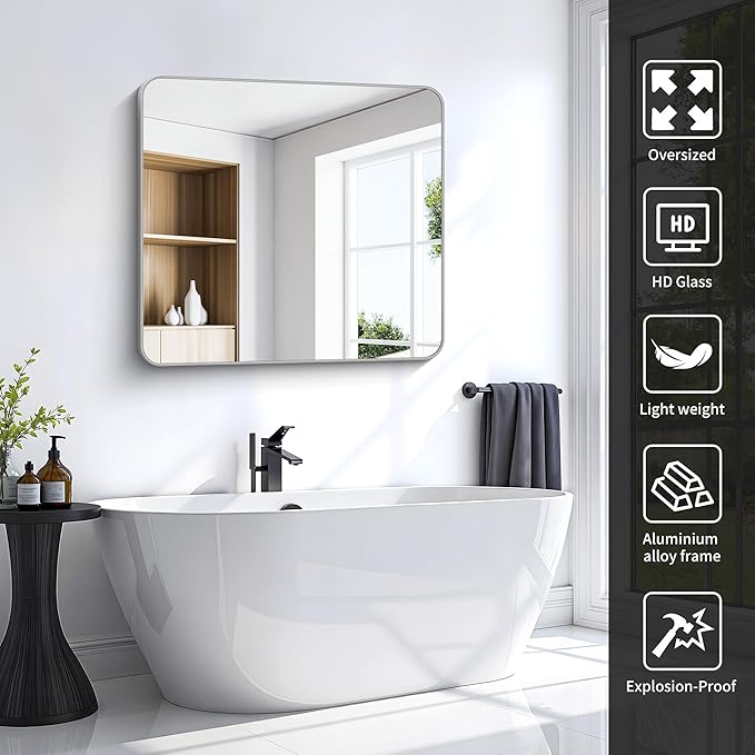 36x40 Inch Silver Bathroom Mirror, Metal Framed Silver Rectangle Mirrors - Image 4