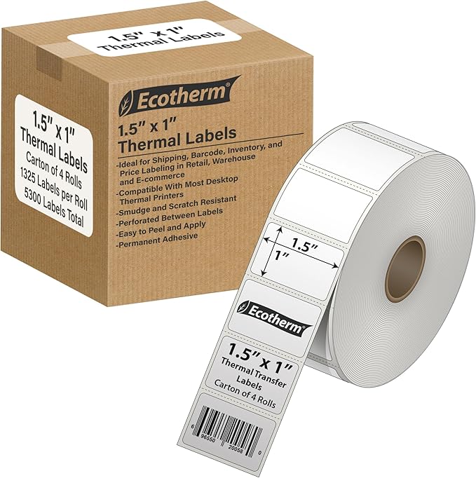 1.5" x 1" Thermal Labels | 4 Rolls | 5300 Labels | fits Zebra, Offnova Thermal by EcothermProducts
