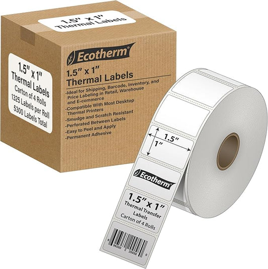 1.5" x 1" Thermal Labels | 4 Rolls | 5300 Labels | fits Zebra, Offnova Thermal by EcothermProducts