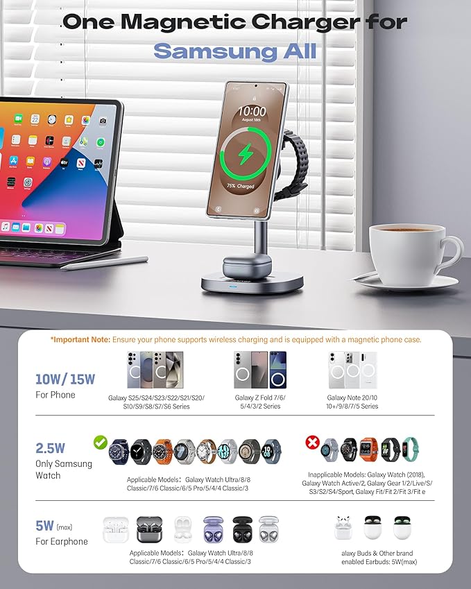 Magnetic Wireless Charger for Samsung, Qi2 Certified Fast 15W 3 in 1 Charging - Image 6