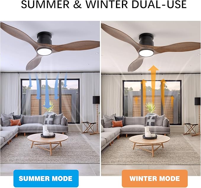 revoici 52'' Ceiling Fan with Lights and Remote, 3 Blade Amber Wood Low Profile - Image 3