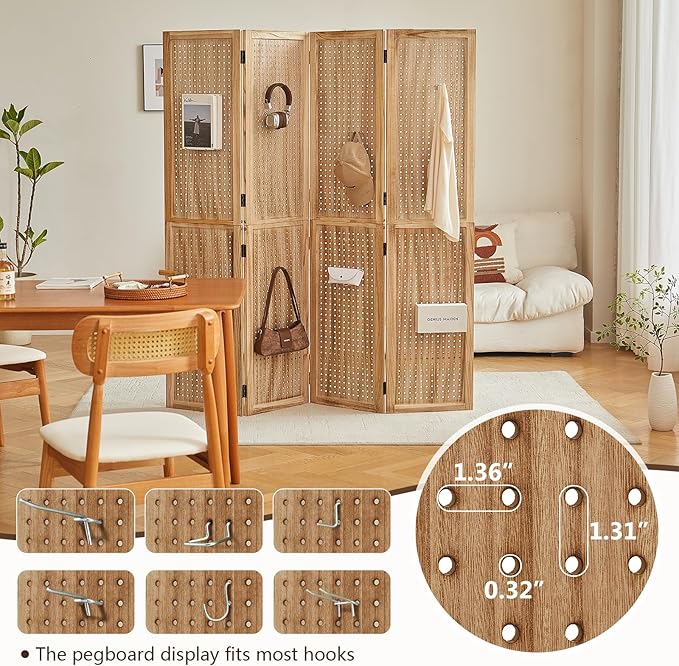 Leesinwing 4 Panel Wooden Room Dividers, 5.6FT High Plug-in Folding Screen Made - Image 5