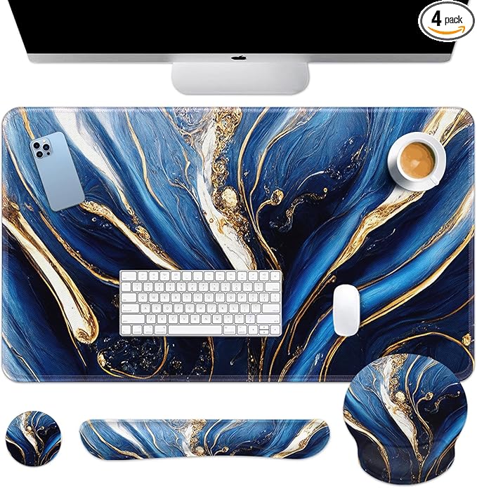 Britimes Blue and Gold Marble Keyboard Mouse Pad Set 4in1 Large by Britimes