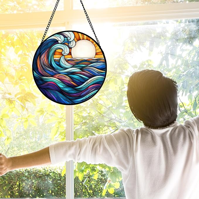 DASTOLL Stained Glass Window Hanging, Big Wave Sun Suncatcher Diamond Glass - Image 2