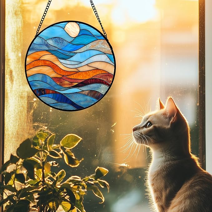 DASTOLL Stained Glass Window Hanging 4 Pcs Set Blue Orange Ocean Beach Theme - Image 4