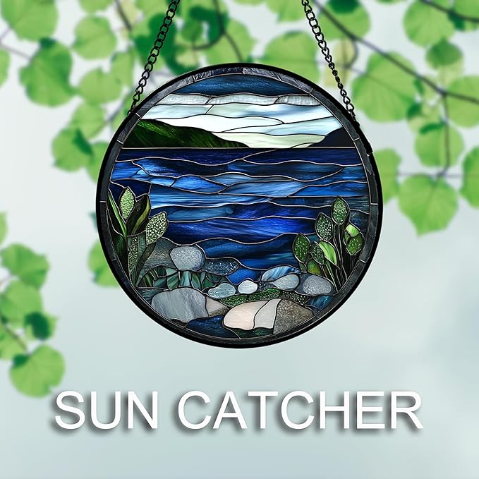 AMDERVEN Stained Glass Window Hanging 4 Pcs Set Navy Blue Ocean Landscape 7.8" - Image 3