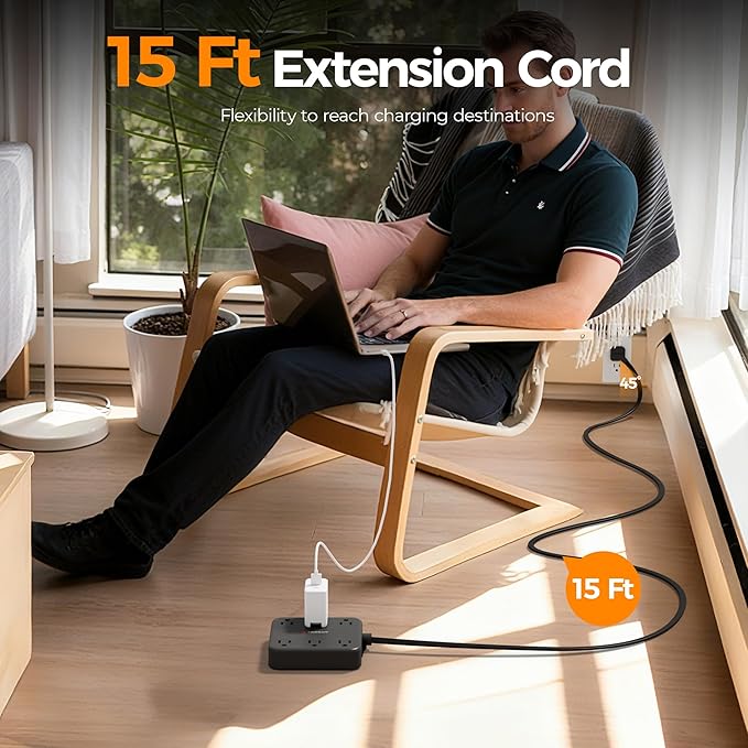 TESSAN Flat Plug Extension Cord 15 Ft, 2100J Surge Protector Power Strip - Image 4