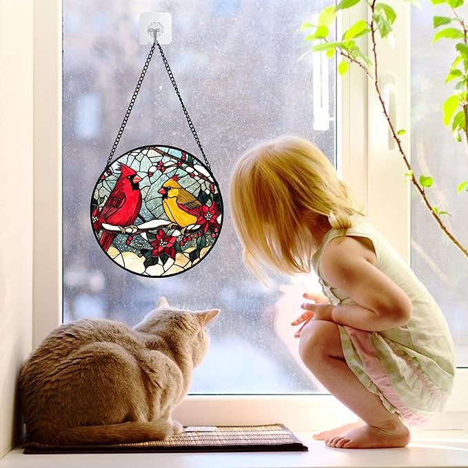 DASTOLL Stained Glass Window Hanging, Love Birds Cardinals Sun Catchers - Image 3