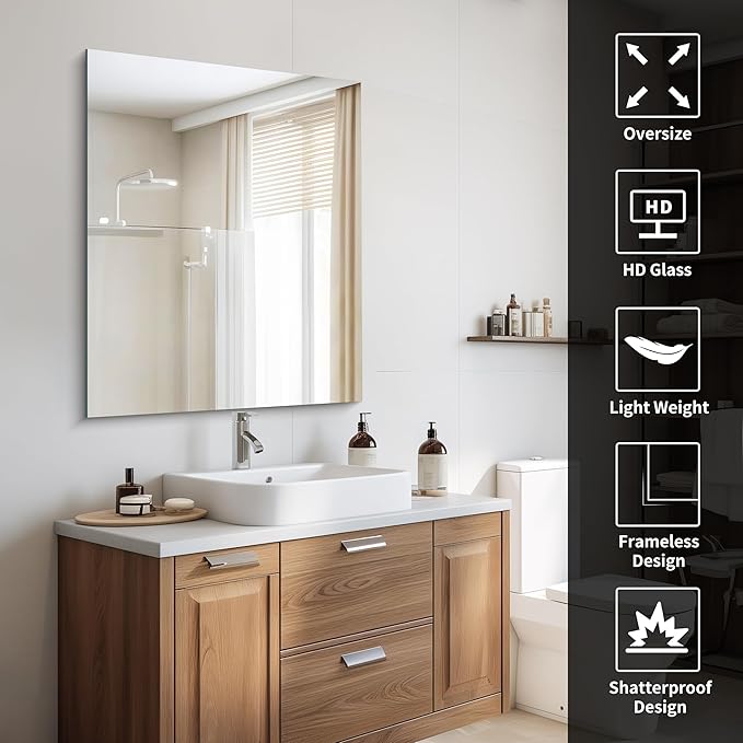 CILIBER Frameless Mirror, 30x36 inch Rectangle Bathroom Mirror - Image 3