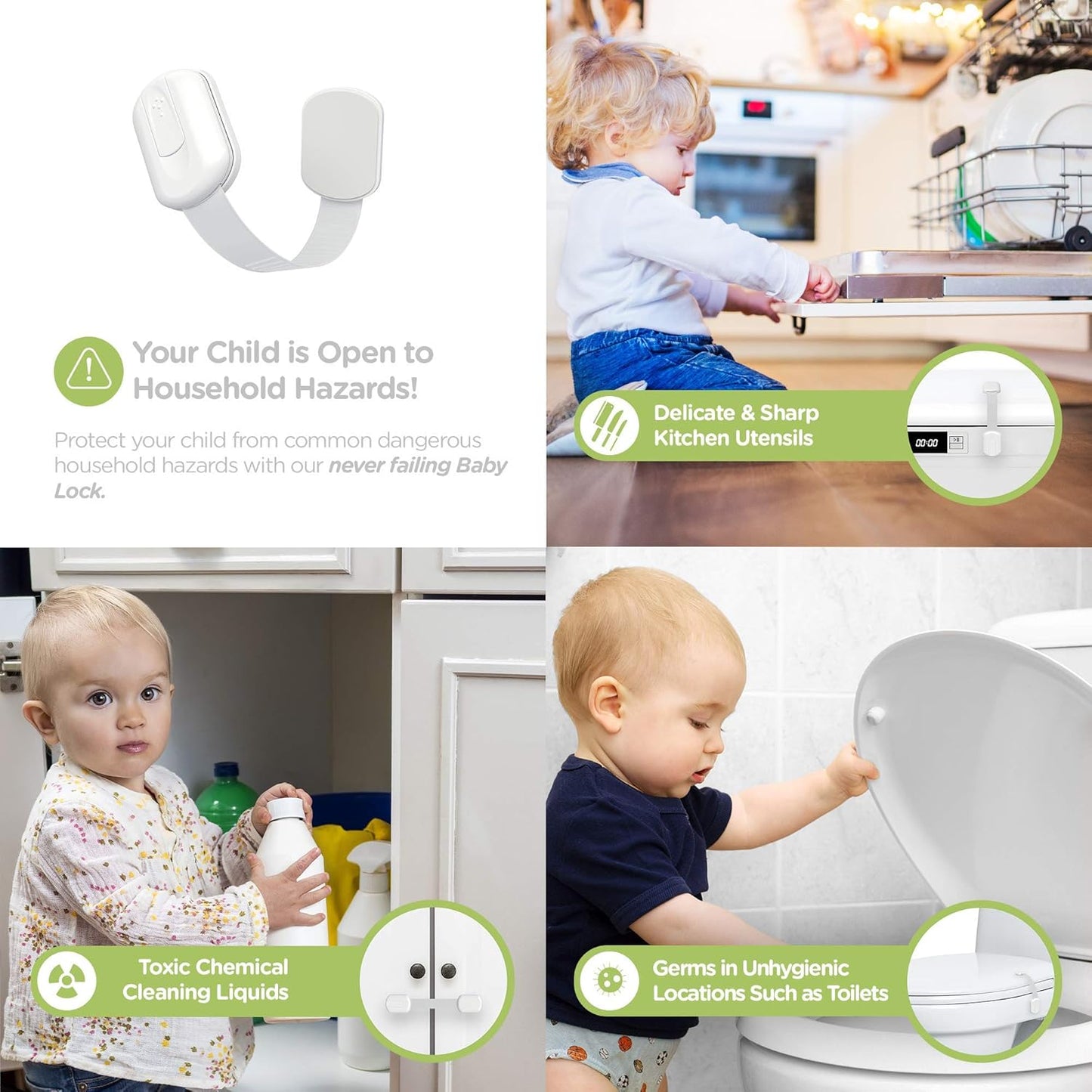 SKYLA HOMES Child Safety Cabinet Locks, White, 8 Pack | ABS and TPE adhesive latches for cabinets, drawers, ovens and toilet seats; no screws or magnets needed