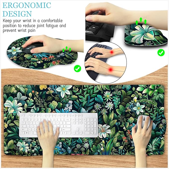 LIMKRIAN Floral Mouse Pad Large Desk Mat Set, Cute Green Office Desk - Image 3