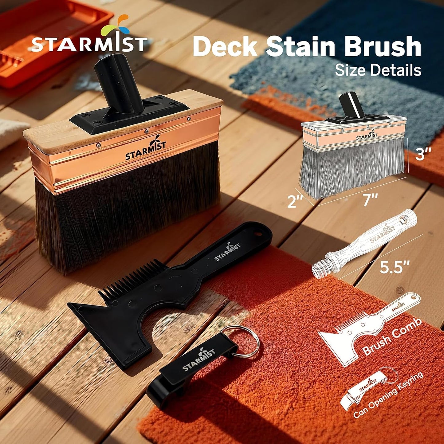 7-Inch Deck Stain Brush Applicator with Hybrid Wavy-Crimped & Straight Bristles – Heavy Duty Deck Paint Brush with Threaded Handle,Compatible with Extension Poles for Decks, Fences & Textured Surfaces
