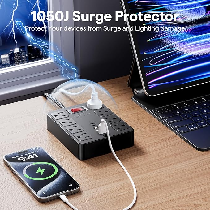 13 in 1 Surge Protector Power Strip Flat Plug 8 Widely AC Outlet 3 USB Ports - Image 4