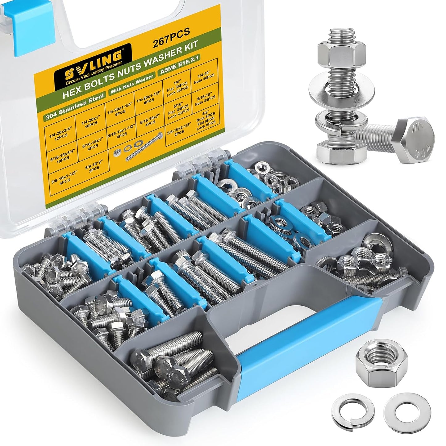 267PCS Hex Bolts and Nuts Assortment Kit,1/4-20, 5/16-18, 3/8-16 Bolt Nut and Flat Washers Assorted,304 Stainless Steel, Fully Threaded