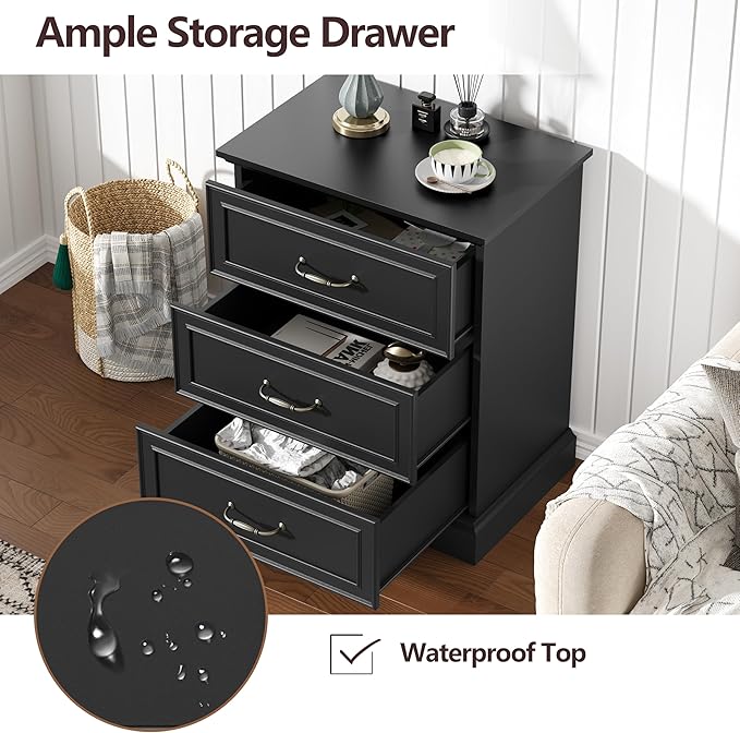 Nightstand with 3 Large Drawers, Rustic Farmhouse Wood Small Dresser, Bedside - Image 5
