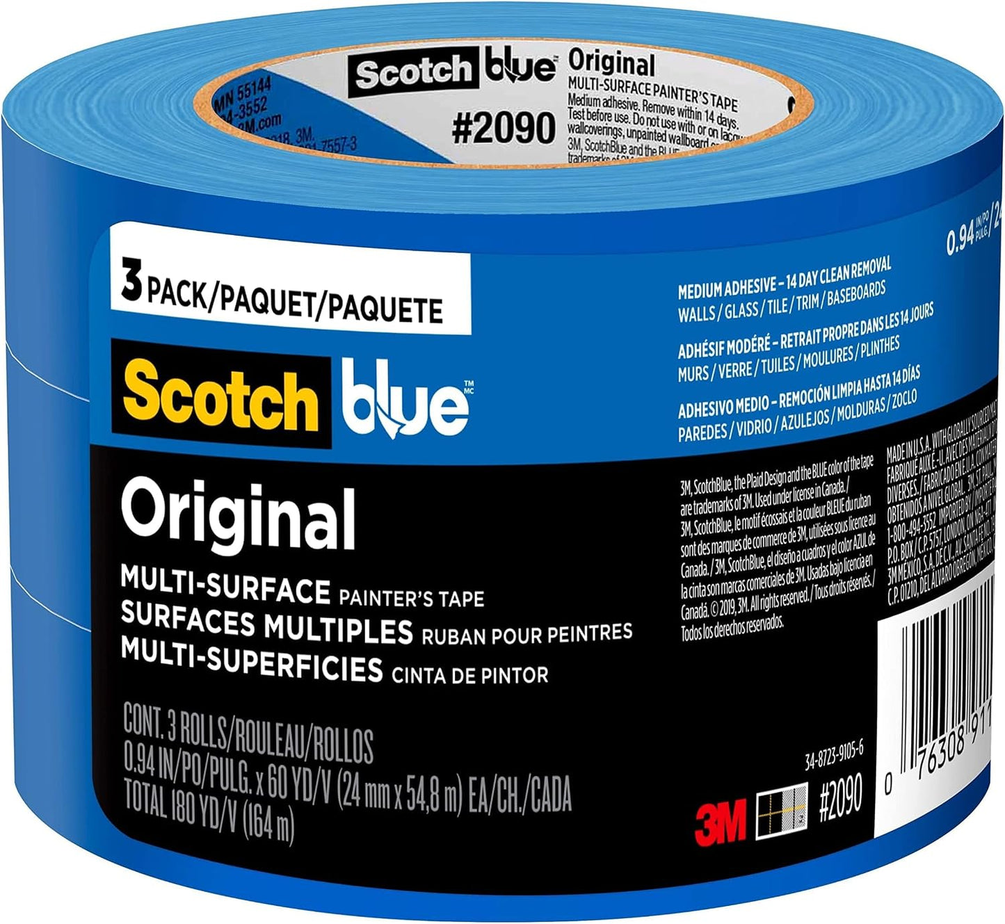 ScotchBlue Original Multi-Surface Painters Tape,1 Inch Wide (0.94 in.x60 Yds),3 Rolls,Blue Paint Tape Protects Surfaces & Removes Easily,Masking Tapes for Indoor & Outdoor Use(2090-24EC3),(Pack of 8)