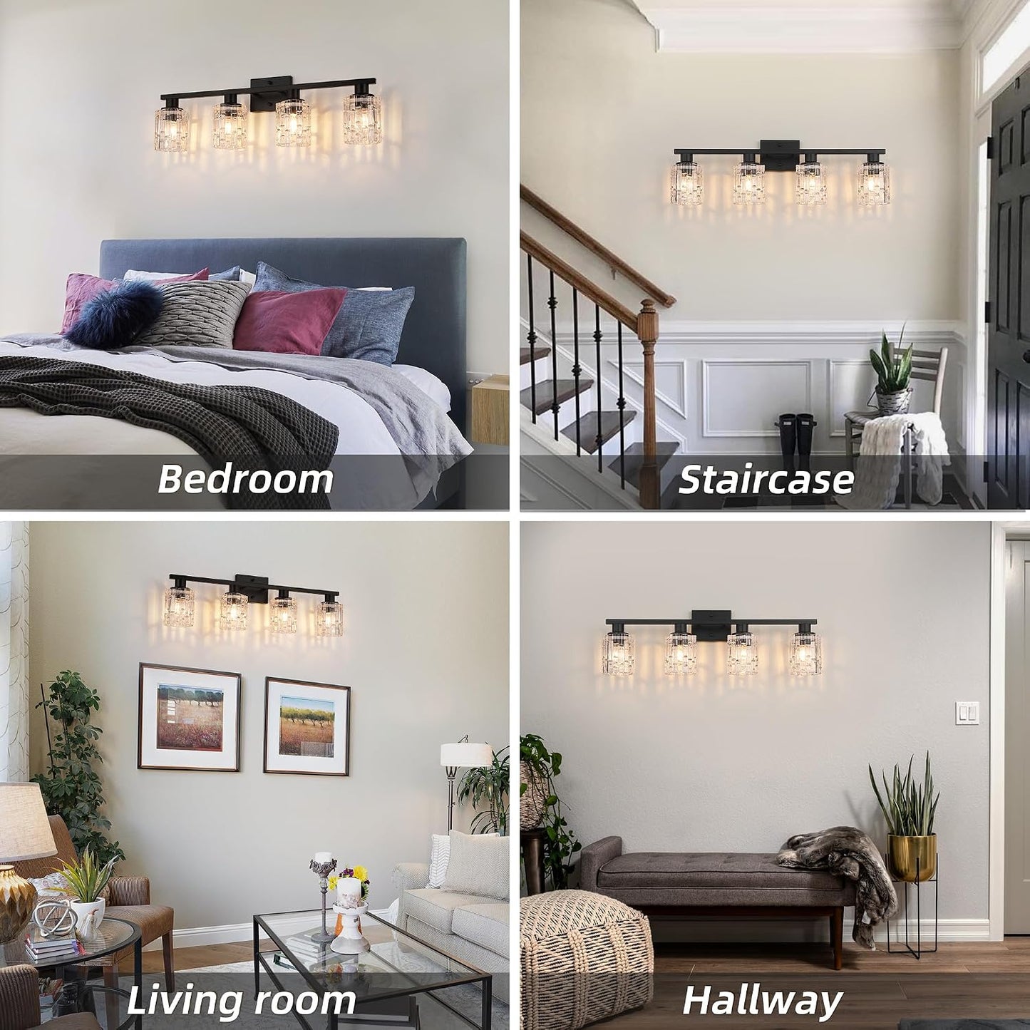 4 Light Matte Black Bathroom Vanity Light Over Mirror, Modern Vanity Lighting with Crystal Glass Shade, Wall Mount Bathroom Light Fixtures, E26 Base