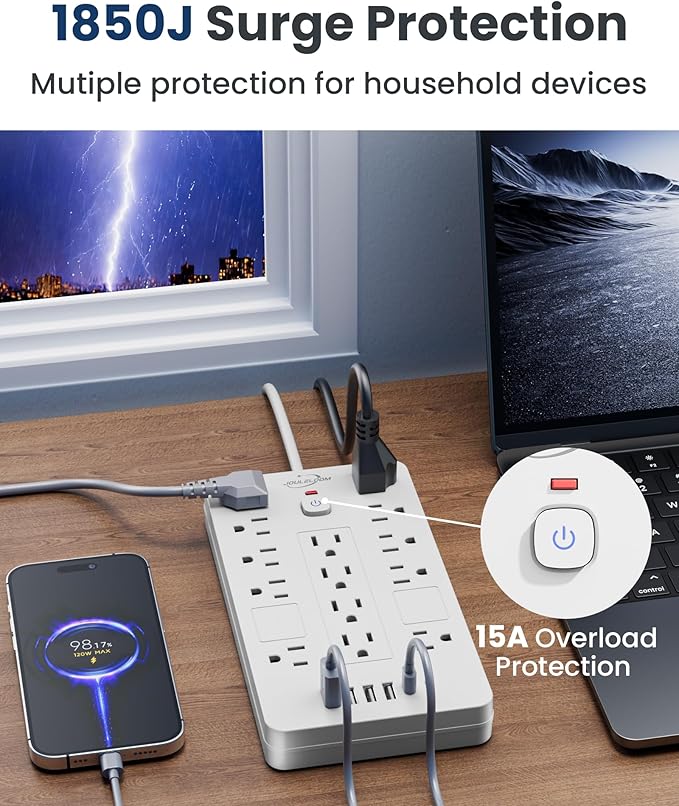 JouleLoom Surge Protector Power Strip-14 Outlets and 6 USB Ports, 10 Feet Flat - Image 6