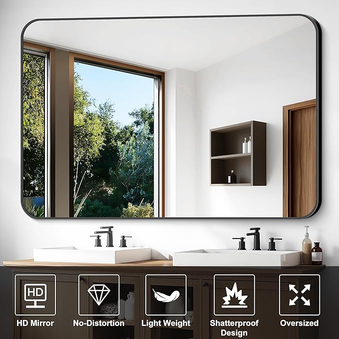 Large Bathroom Mirror, 60 x 40 inch Black Rectangle Mirror, Metal Framed - Image 4