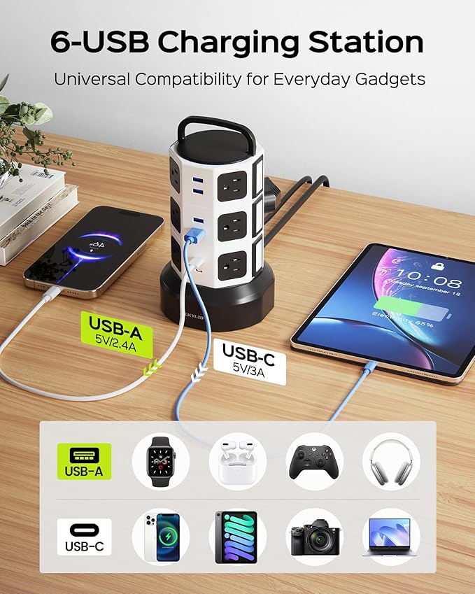 Power Strip Tower Surge Protector, JACKYLED 12 Outlets 6 USB Charging Station - Image 5