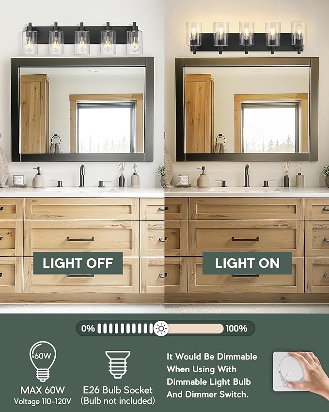 METWET 5-Light Bathroom Light Fixtures, 30 Inch Black Vanity Light - Image 5