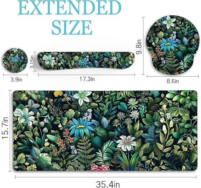 LIMKRIAN Floral Mouse Pad Large Desk Mat Set, Cute Green Office Desk - Image 6
