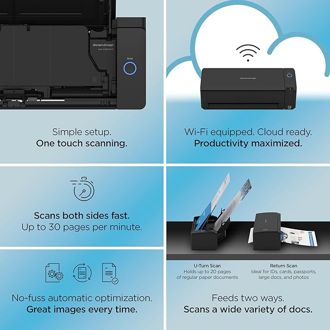 ScanSnap iX1300 Deluxe Compact Wireless or USB Double-Sided Color Document - Image 3