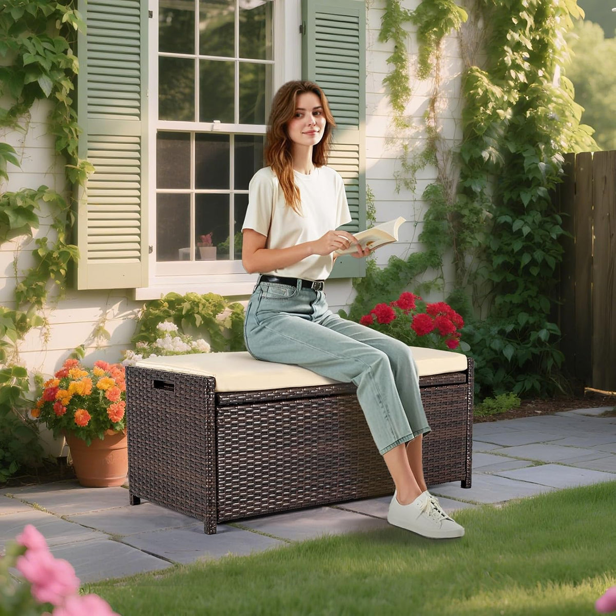 tappio deck box outdoor storage box bench, pe on a desk or shelf