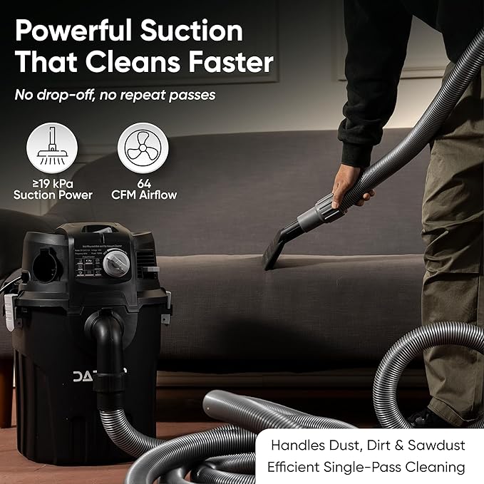 Dapper Supply 6 Gallon Wall Mount Wet/Dry Vacuum, 5.5 Peak HP, 30 Ft Hose - Image 7