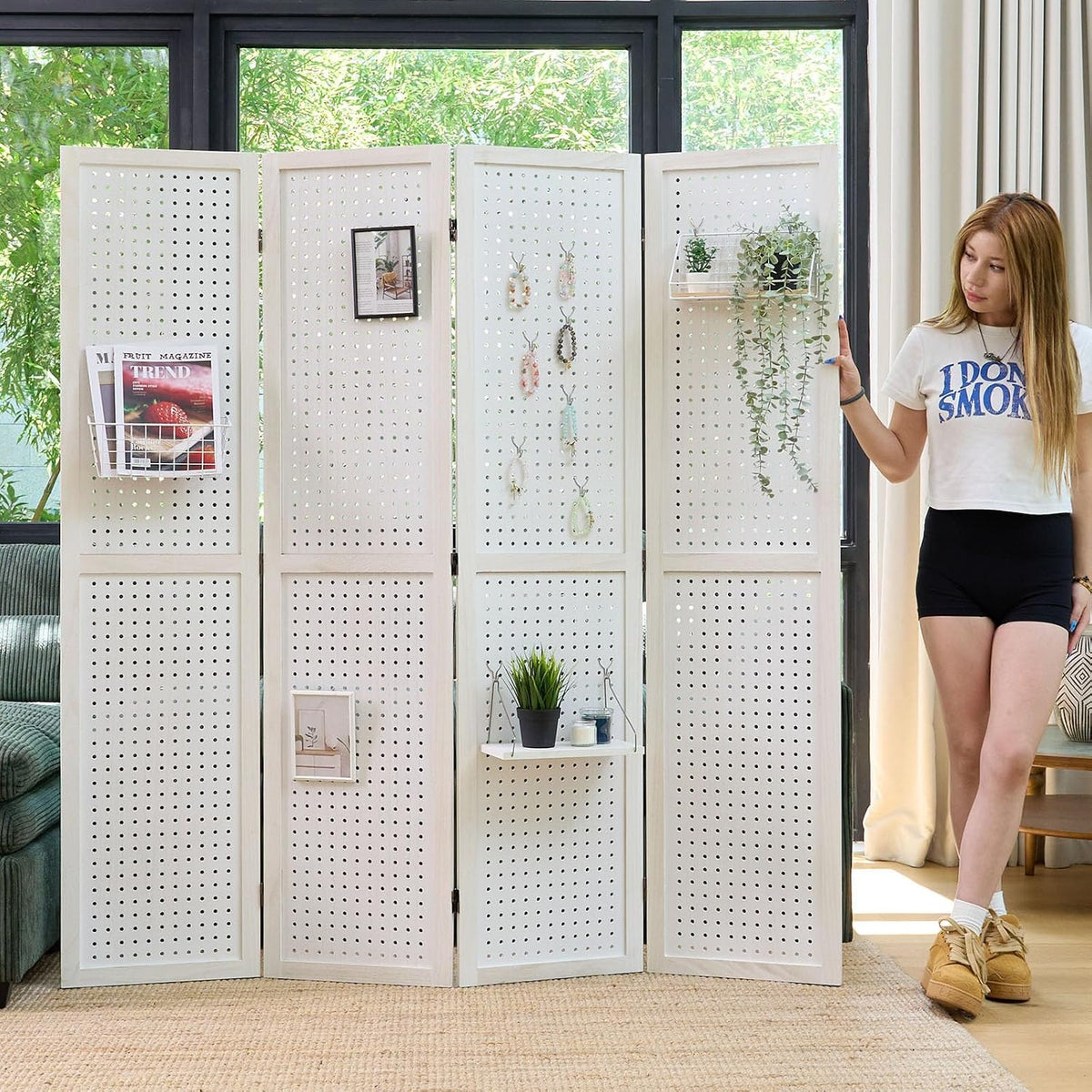 Room Divider Freestanding Folding Pegboard Privacy Screen 4-Panel Display Stand