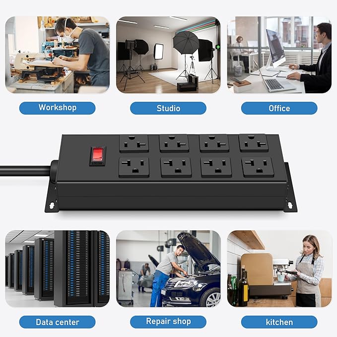 JUNNUJ Heavy Duty 20 Amp Power Strip, Garage 8 Outlets Metal 12 Gauge Surge - Image 7
