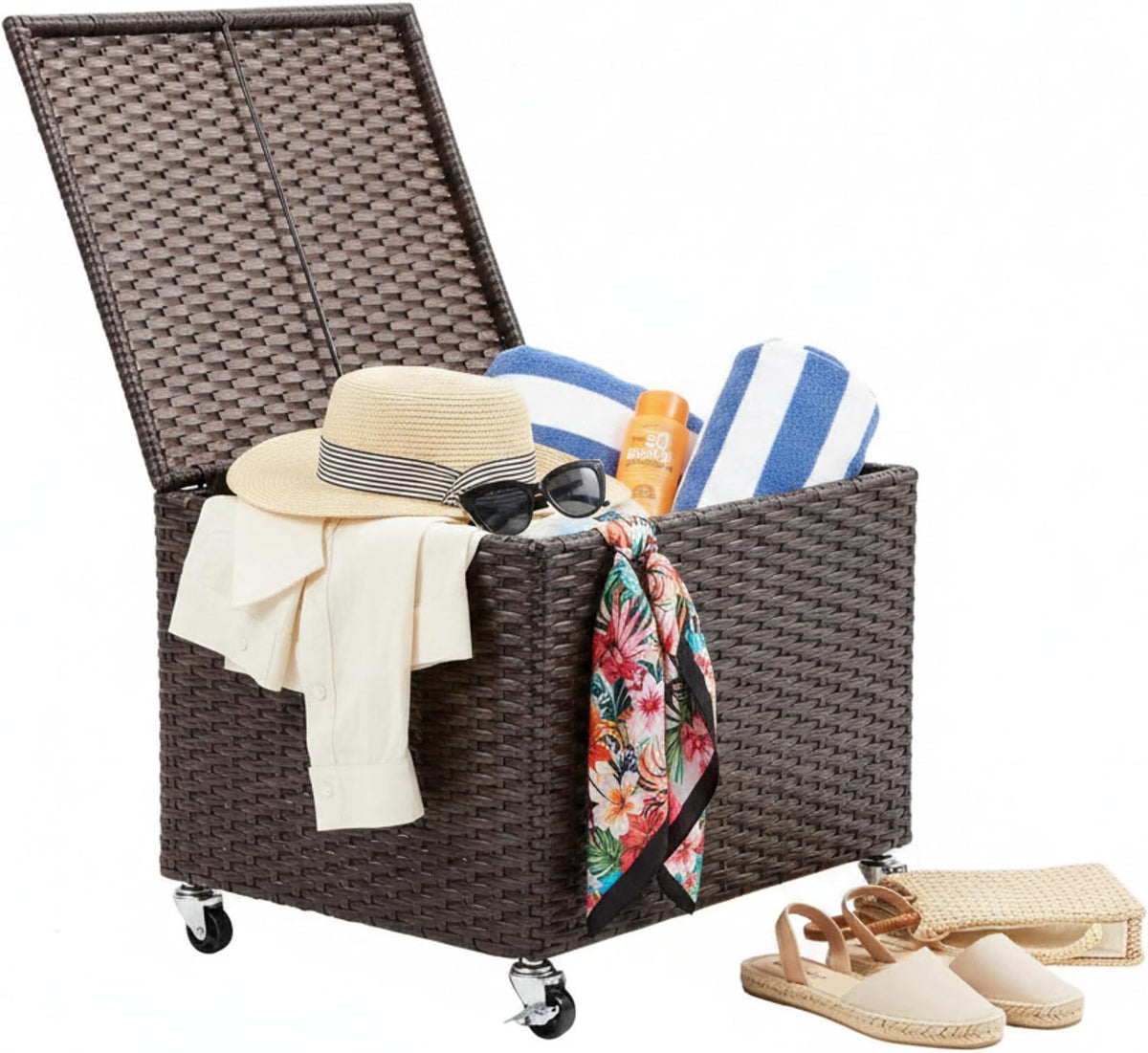 birdrock home rattan rolling storage box with lid, main product view