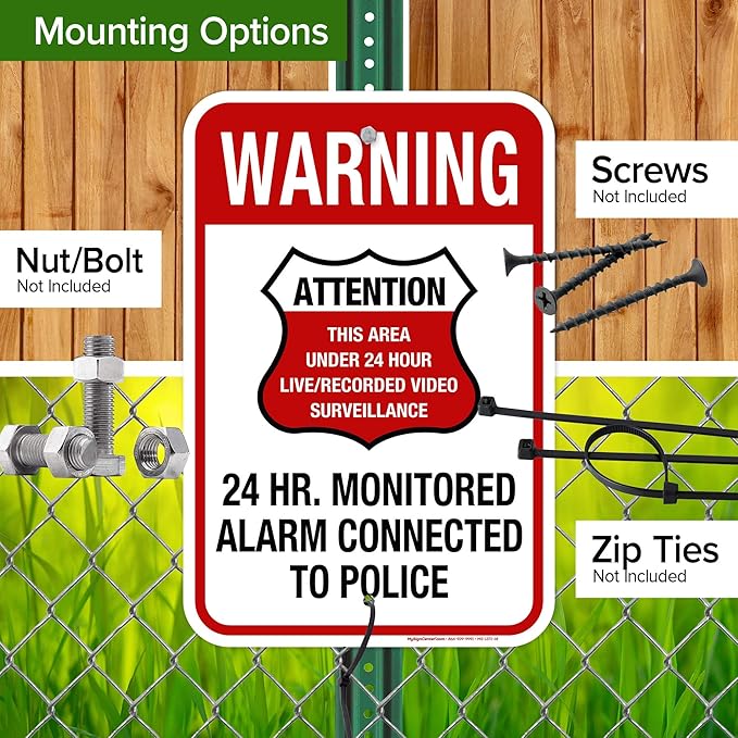 Warning 24 HR. Monitored Alarm Connected To Police Sign, 12x18 Inches, Rust - Image 5