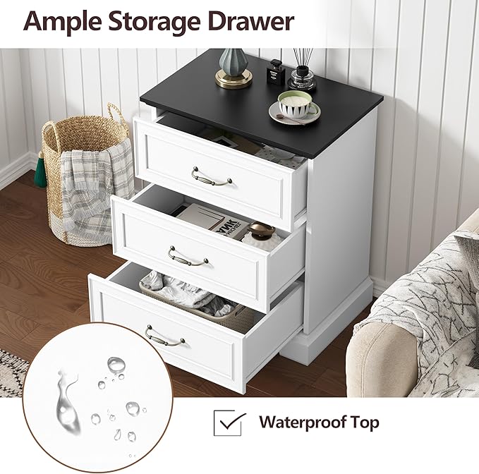 Nightstand with 3 Large Drawers, Rustic Farmhouse Wood Small Dresser, Bedside - Image 5