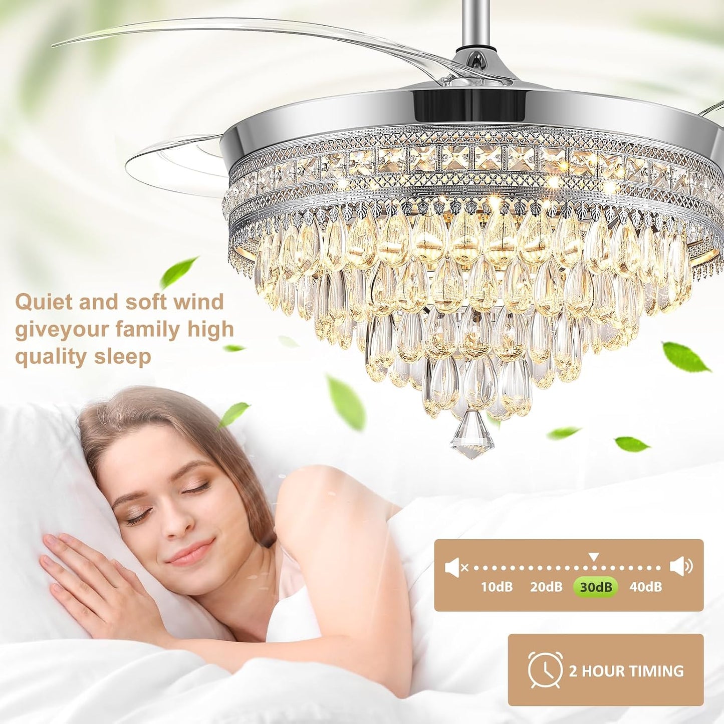 Baotree Chandelier Ceiling Fan with Lights and Remote,42 Inch Modern Flush Mount for Bedroom Indoor, Dimmable LED,Bluetooth Connection,Energy Efficient Quiet Retractable Blades (42 in White)
