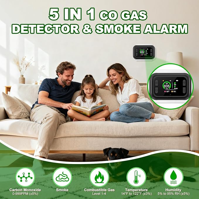 Carbon Monoxide Detector Plug in Wall, 5 in 1 Natural Gas Detector & Smoke Alarm - Image 2
