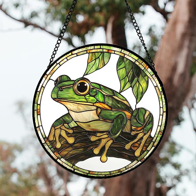 DASTOLL Stained Glass Window Hanging, Frog Green Leaf Sun Catchers Colorful - Image 4