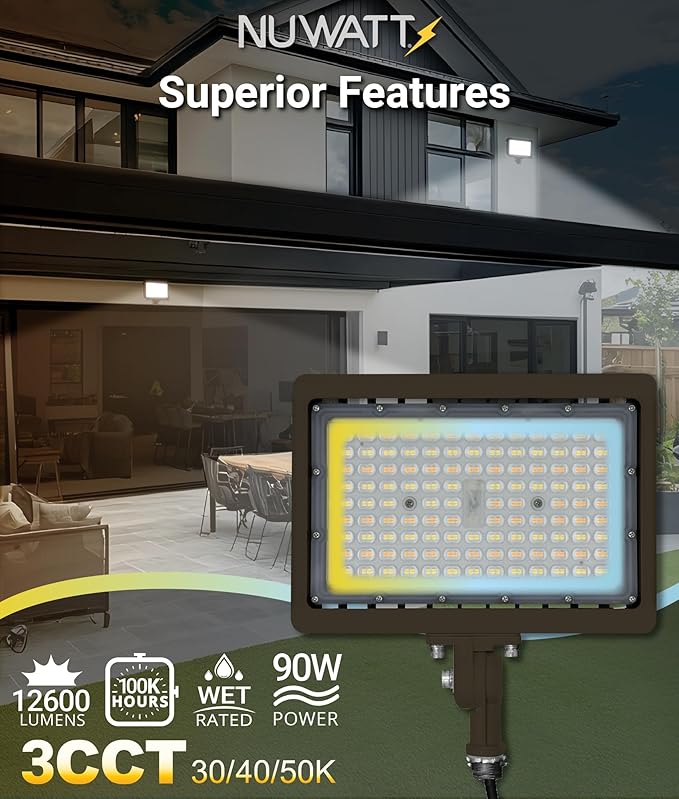 NUWATT 90W LED Flood Light, 3CCT 3000K/4000K/5000K Selectable, IP65 Waterproof - Image 4
