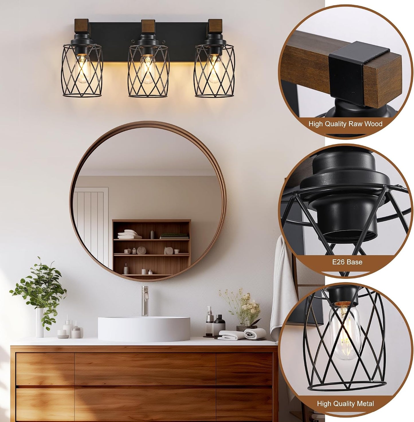 Farmhouse 3-Light Wood Bathroom Vanity Light, Black Metal Cage Shade | Mounted Over Mirror, Industrial Rustic Style, Ideal for Bathroom, Bedroom, Hallway & Living Room, Easy To Install