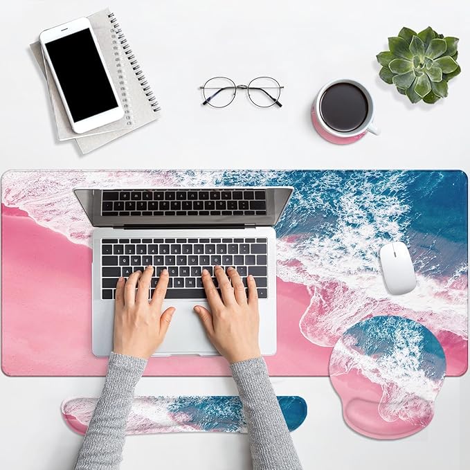 Britimes Blue Sea Keyboard Mouse Pad Set Pink Sand Beach 4in1 Large - Image 5
