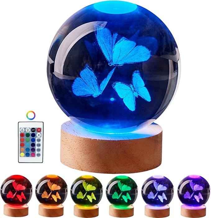 3D Butterfly Crystal Ball Lamp, Lifelike Three Butterflies Night Light by Conalisk